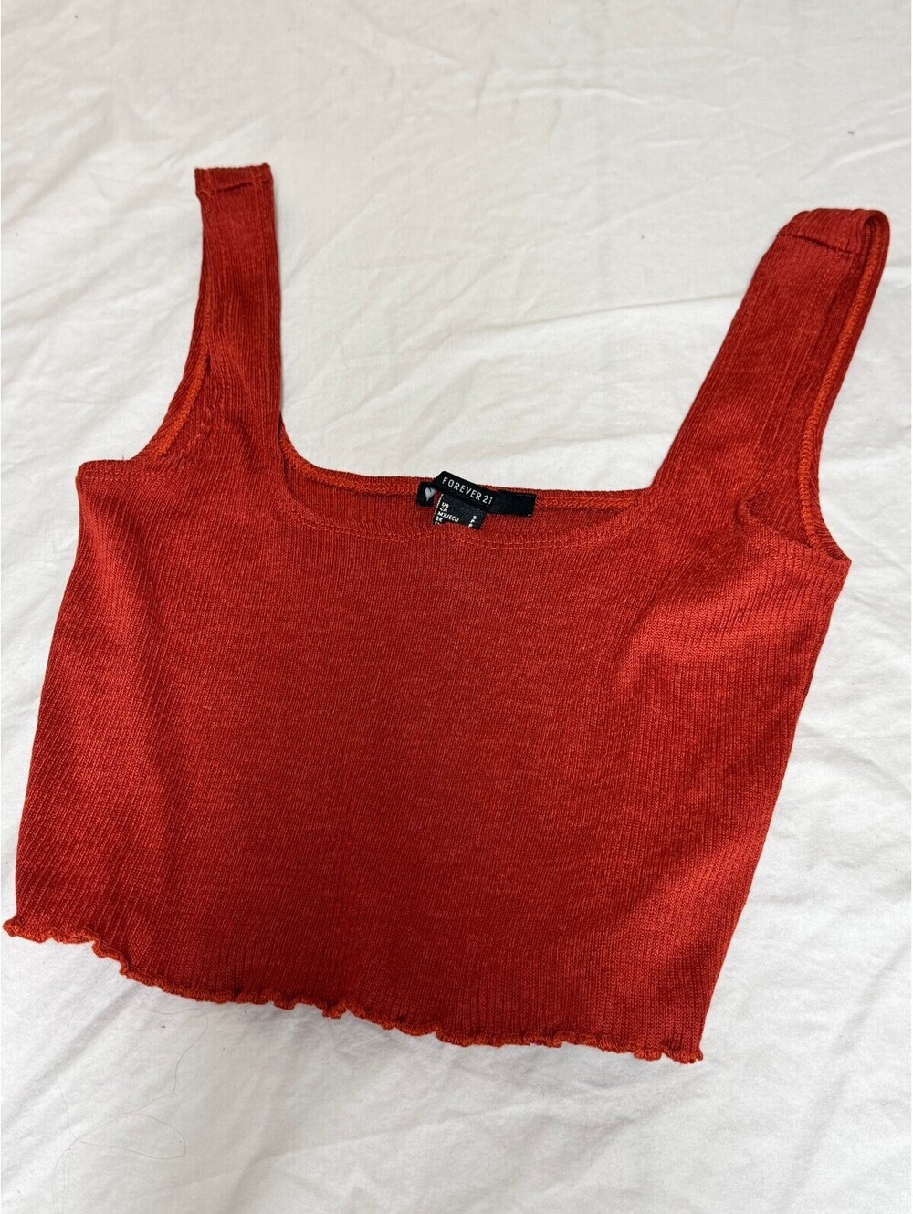 Forever 21 Orange Ribbed Square Neck Lettuce Trim Crop Tank Top Size S